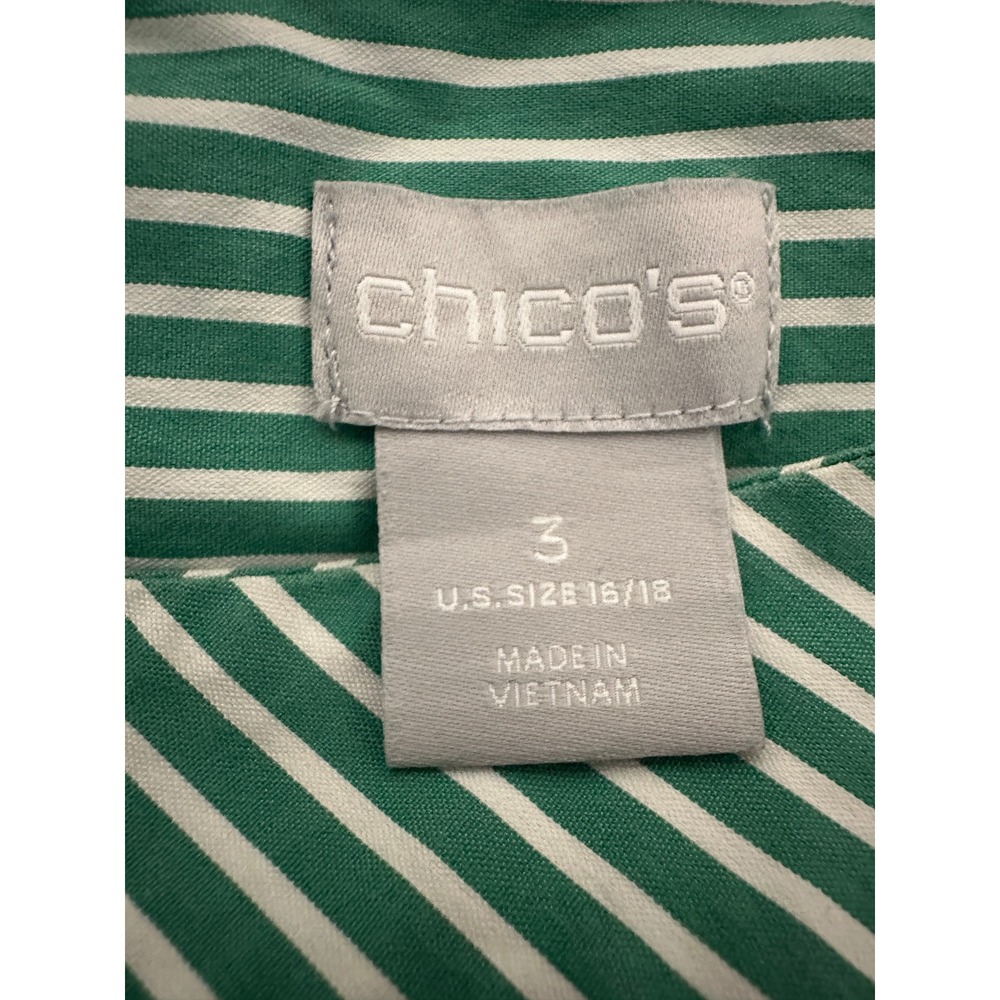 Chico's Women's 3 (16/18) Blouse Green White Striped Button Shoulder 3/4 Sleeve - Picture 6 of 8